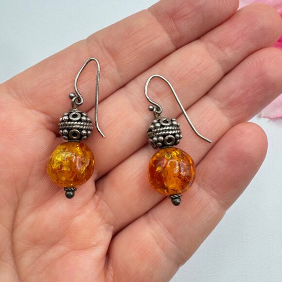 Bali Style Amber Chunk & Silver Bali Style Bead Dangle Earrings Acid UV Tested - Picture 7 of 12
